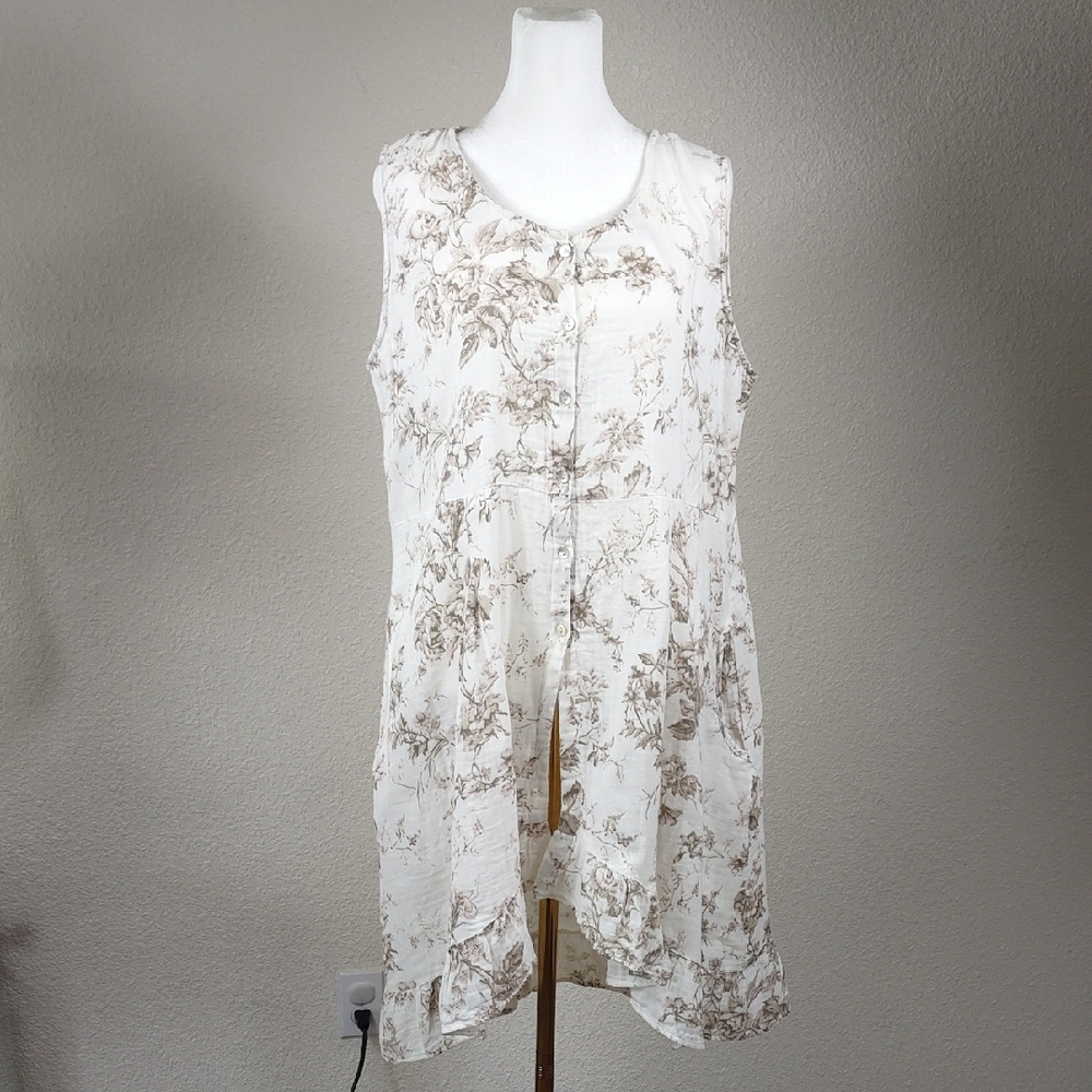 Paper Lace Ruffle Hem Sleeveless Hi-Lo Hem Tunic Top Size L White/Tans